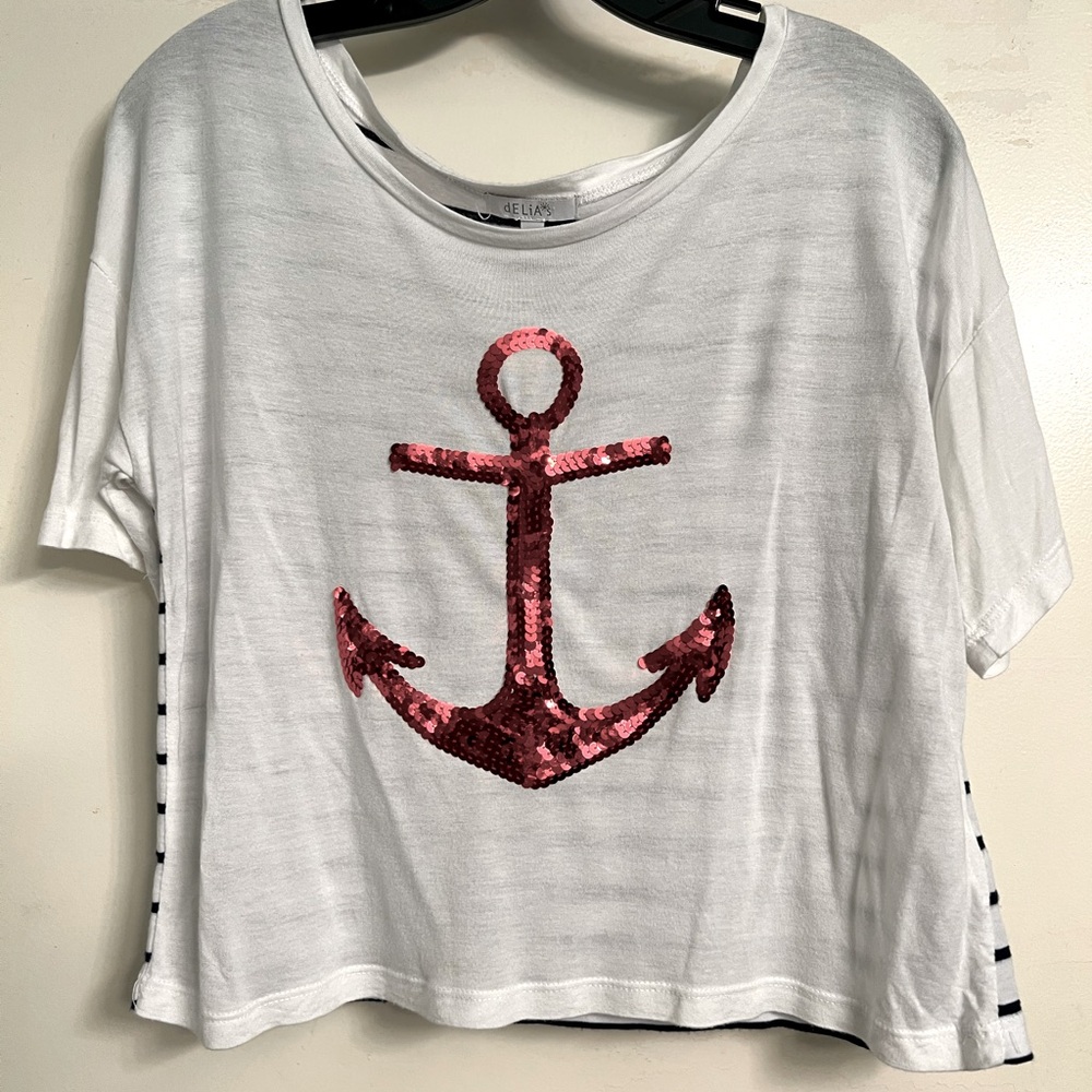 dELiA*s Red Sequin Anchor with Navy Stripes on White Summer Top